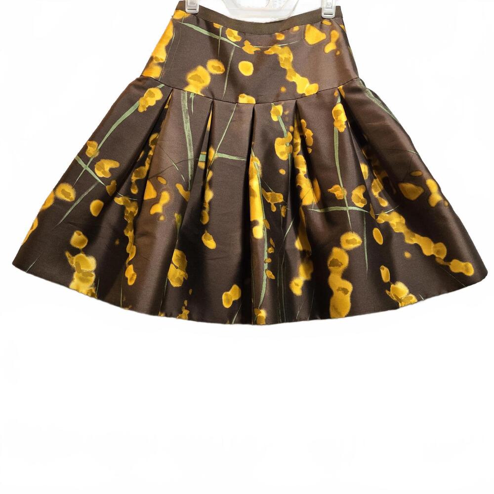 Oscar de la Renta F08 Silk Wool Floral Drop Waist Pleated Skirt Size 6 Brown - Picture 2 of 9